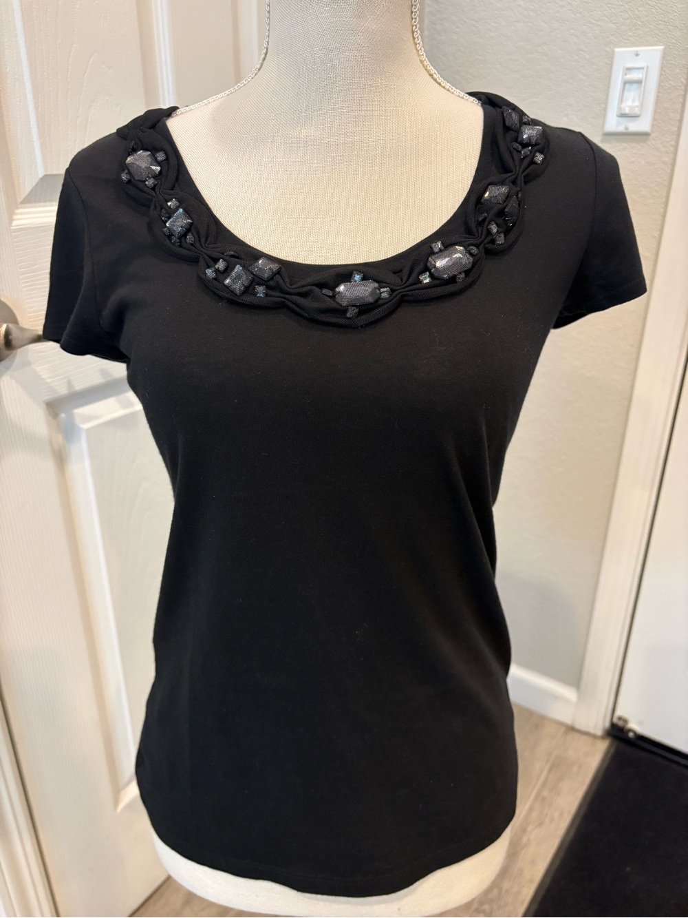 Ann Taylor Black Short Sleeve Scoop Neck Top with Beaded Trim